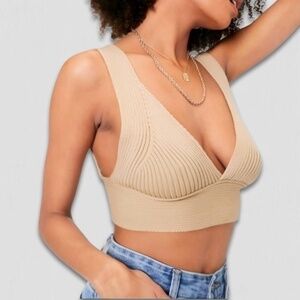 NASTY GAL Go For Knit Ribbed Bralette Halter Plunge V-neckline Oatmeal Beige L